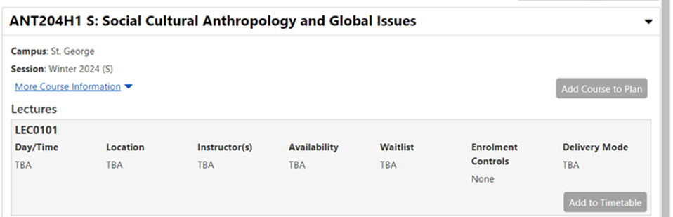 A sample timetable listing for ANT2014H1: Social Cultural Anthropology and Global Issues